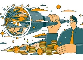 ilustração de um homem de camisa e gravata, próximo a moedas douradas