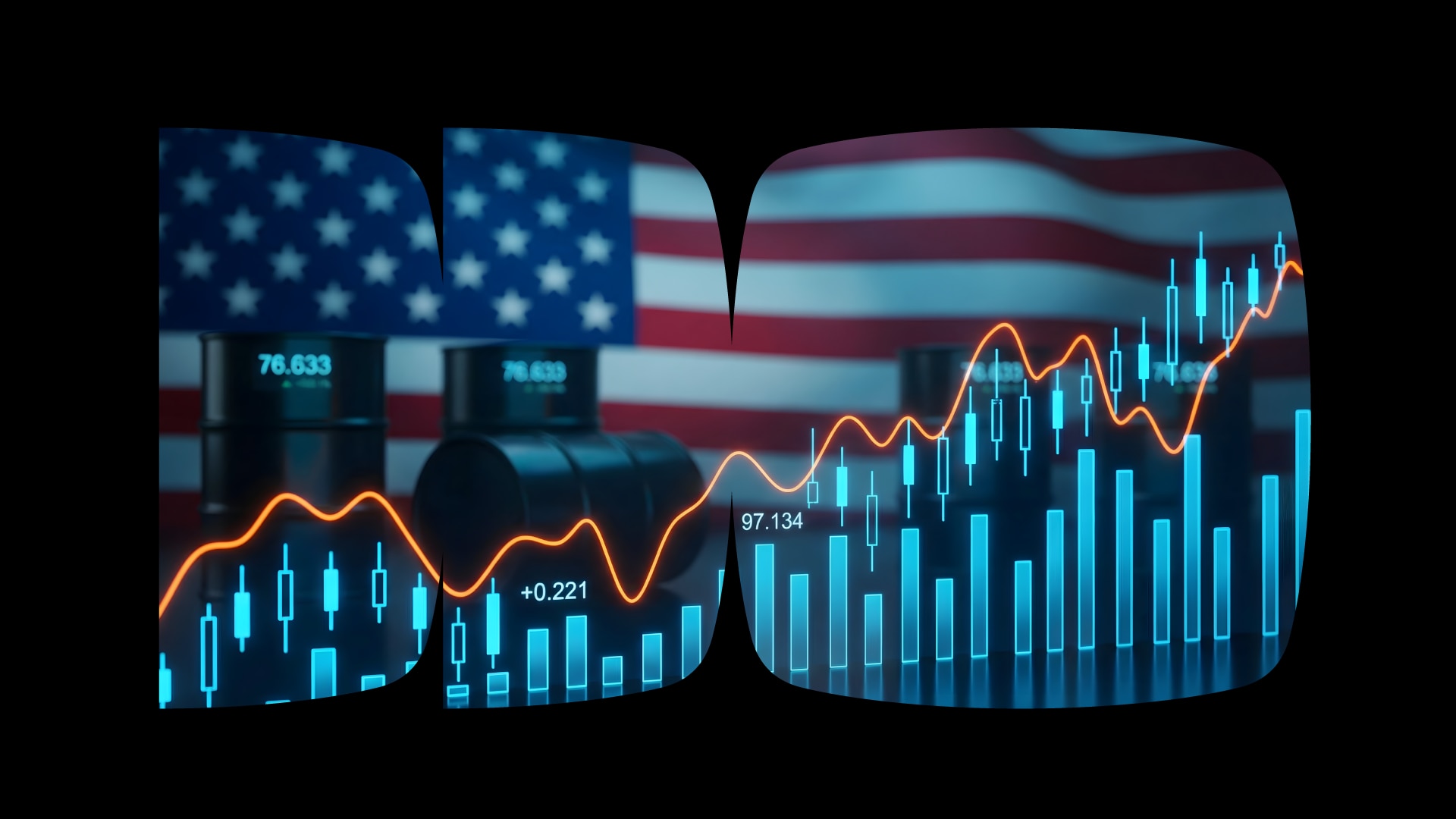 Imagem sobreposta de gráficos de vela, barris de petróleo e da bandeira dos EUA dentro de recortes da pedra símbolo do Itaú cercadas de um fundo preto.