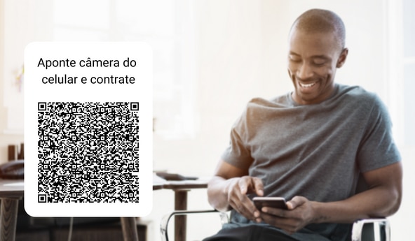 Imagem ilustrativa com um QR Code e o seguinte texto: Aponte a câmera do celular e contrate.
