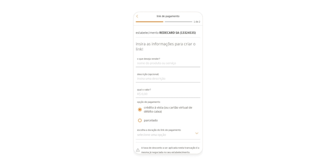 Imagem da tela do app Rede. A tela mostra todos os dados que são necessários serem preenchidos para criar um link de pagamento.