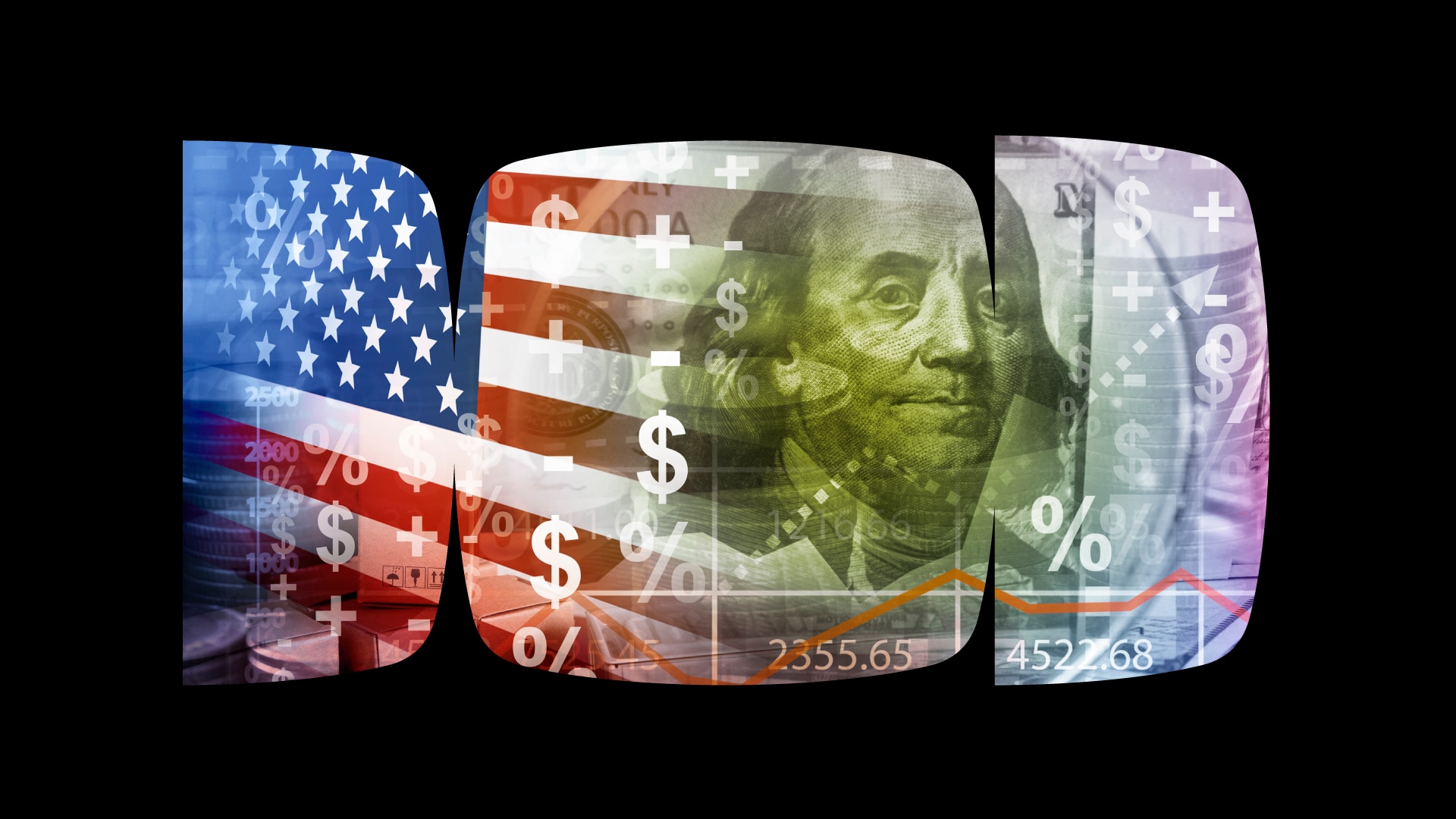 Interface gráfica com diversos gráficos em barras vermelhas e verdes, linhas de tendência e uma seta azul apontando para cima, simbolizando crescimento ou valorização no mercado