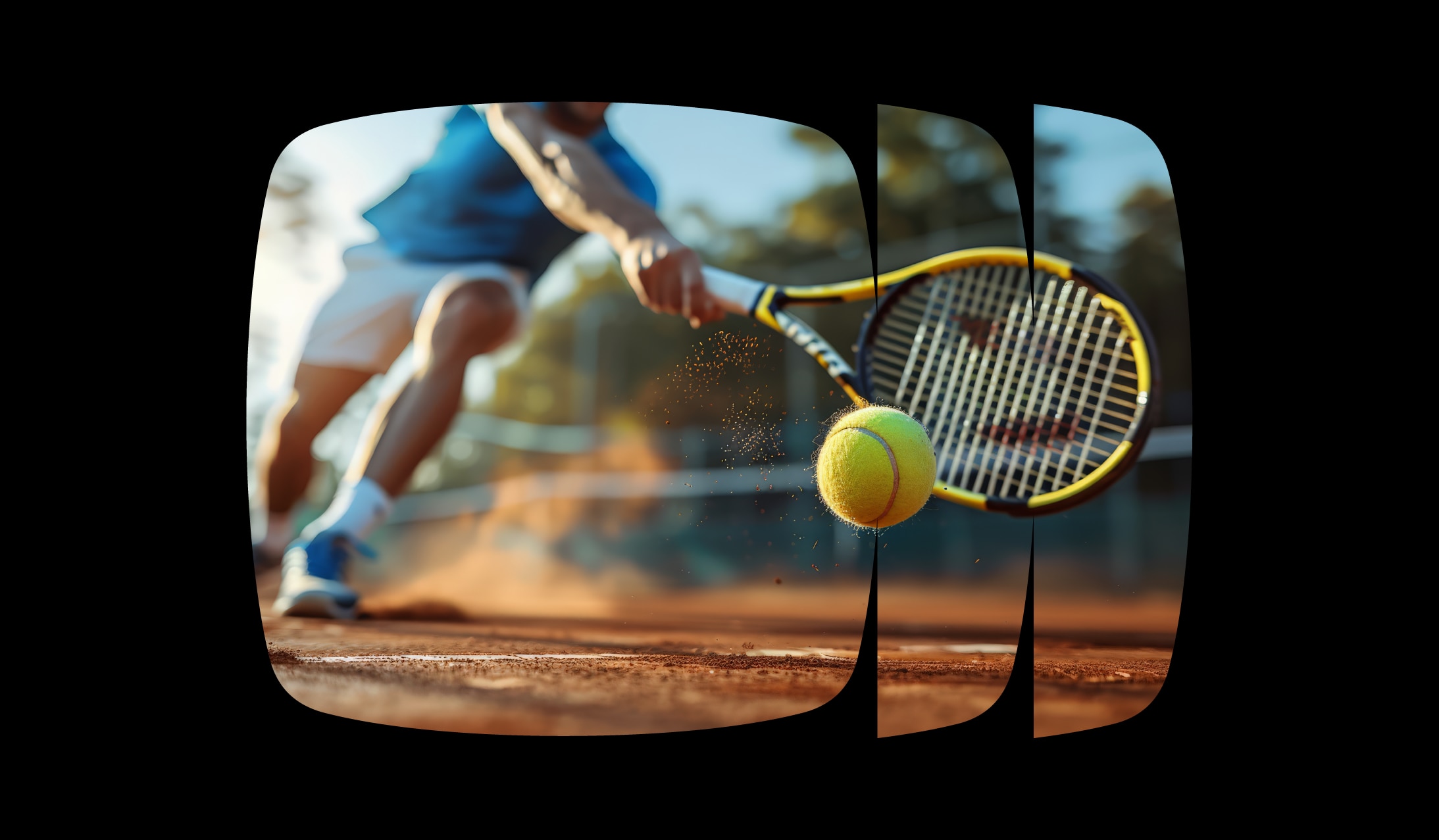 Jogador em posição de backhand de uma mão. Uma bola de tênis voa na direção de sua raquete.