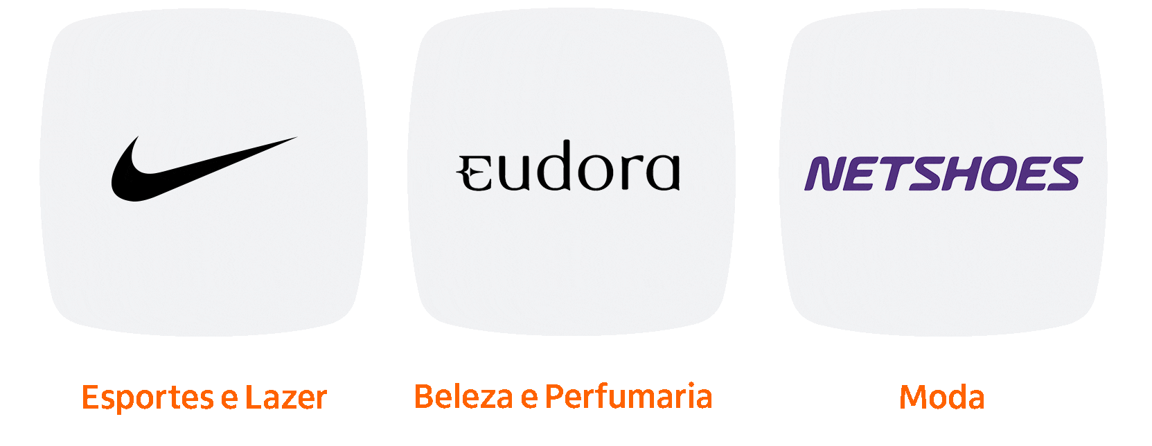 Polishop: Utilidades. Netshoes: Moda. Eudora: Beleza e Perfumaria. Nike: Esportes e Lazer.