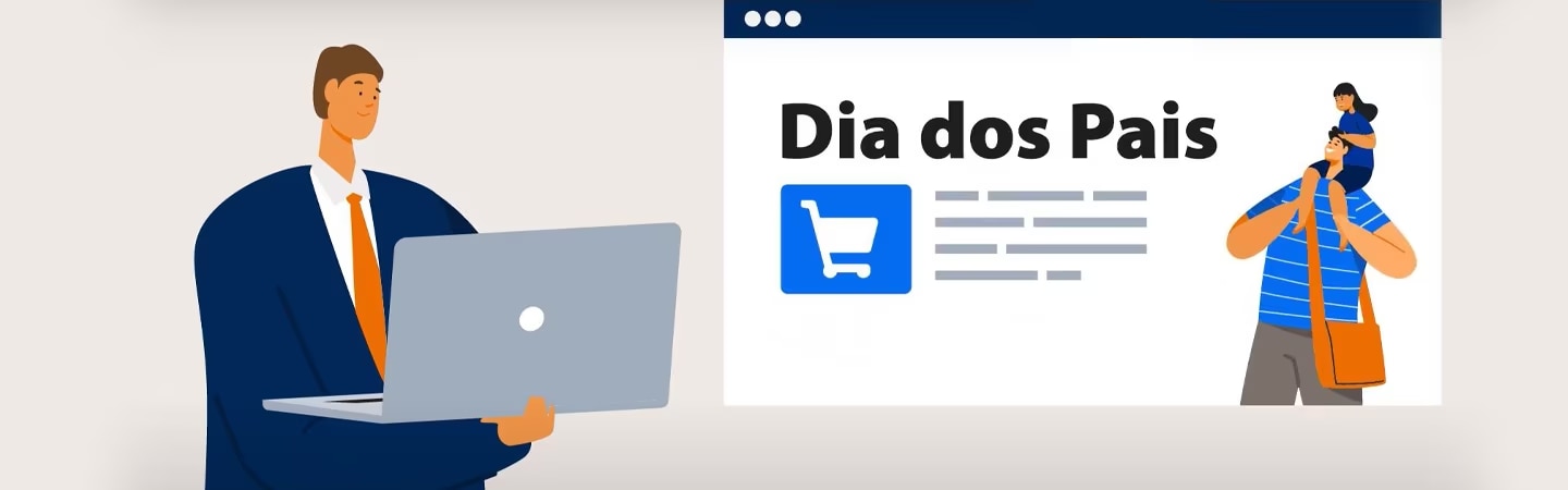 Ilustração de um boneco mexendo no notebook olhando para uma tela com dia dos pais