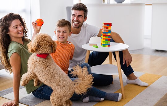 Imagem de uma família brincando juntos com seu cachorro, sentados no chão da sala.