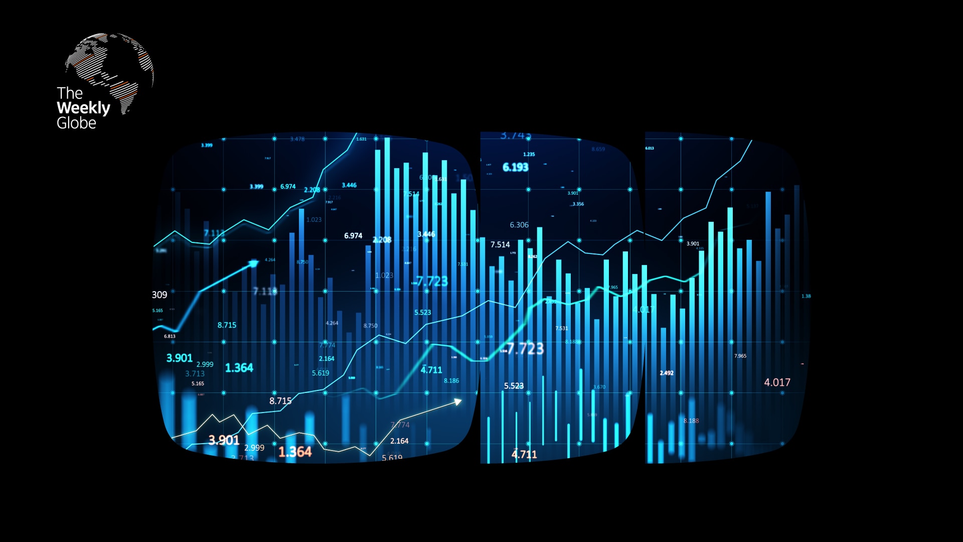Imagem de gráficos de barra e de linhas estilizado em tons de azul dentro de recortes do logo do Itaú