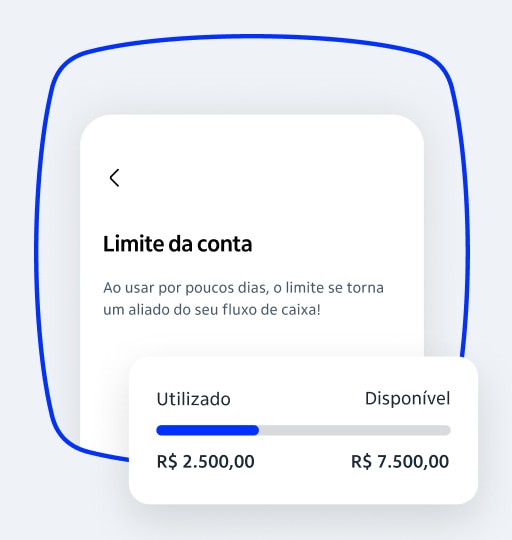 Tela do app mostrando a visão do Limite da Conta, com a quantia utilizada e a quantia disponível para uso