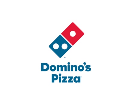 Logo da marca Domino's Pizza, fundo branco e letras na cor azul.