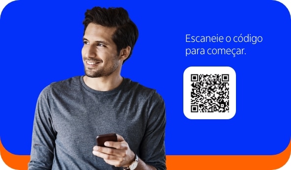 Cliente Itaú acessando o app com seu celular. Ao lado, temos um QR Code com o texto "Escaneie o código para começar"