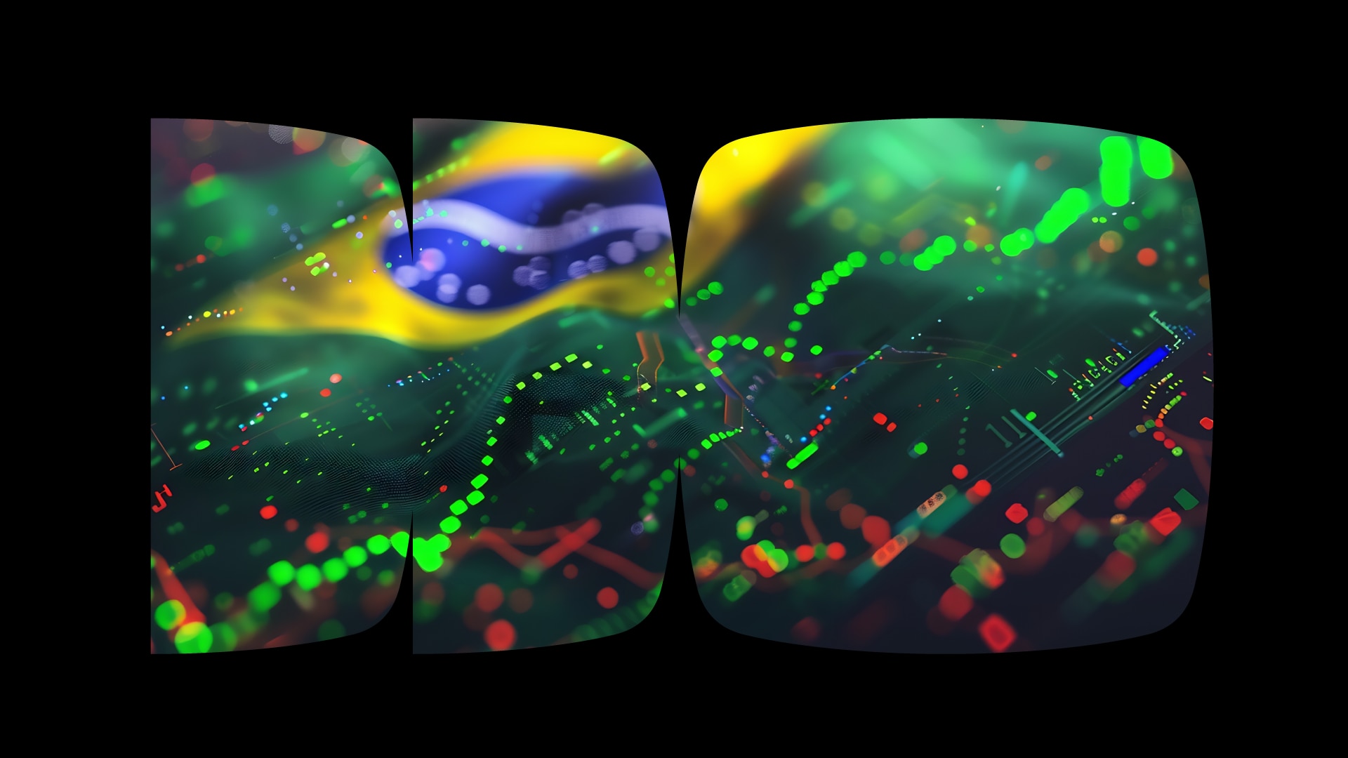 Imagem sobreposta de gráficos de vela e de linha com uma bandeira do Brasil, dentro de recortes da pedra do logo do Itaú rodeada por um fundo preto.