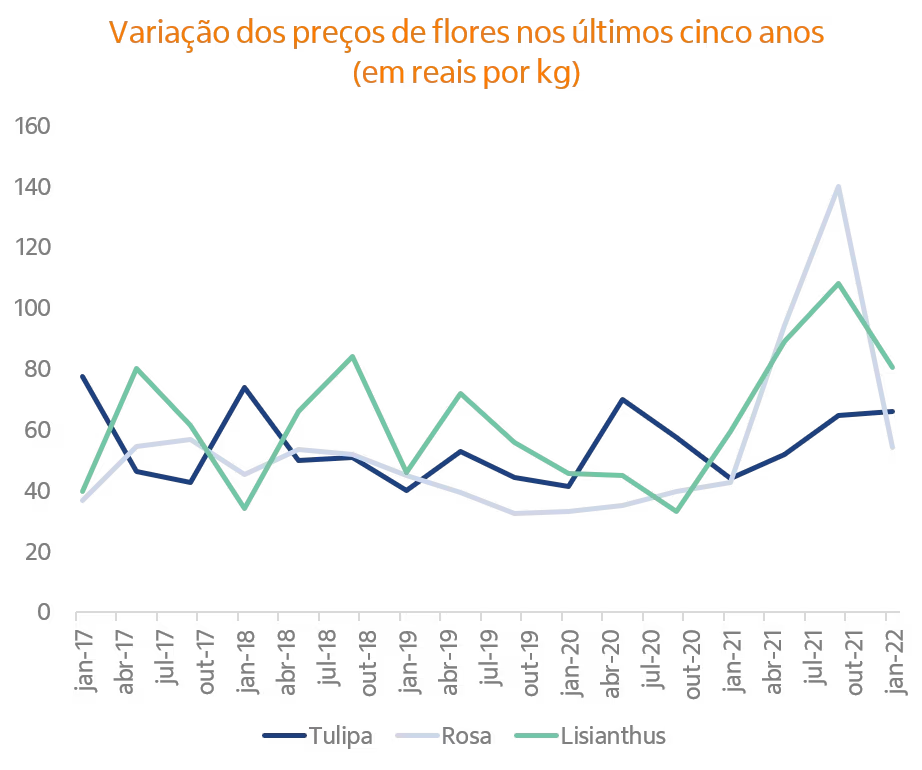 Gráfico de linhas com as séries históricas de preços para diferentes flores.