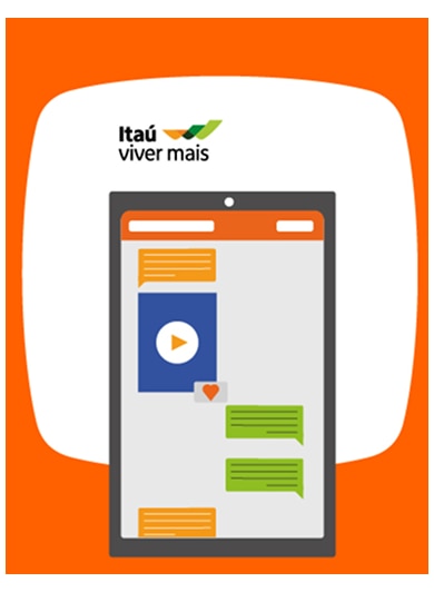 Ilustração de celular com tela exibindo conteúdos de educação financeira Itaú Viver Mais, com ícone de vídeo, mensagens e cores laranja, azul e verde.