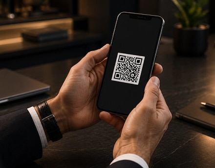 Imagem de um celular com qrcode na tela