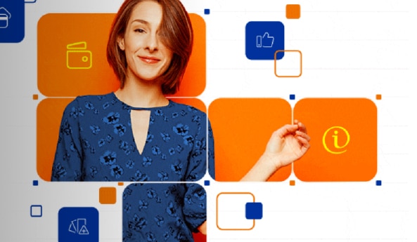 Cliente Itaú com vários ícones ao redor representando a vida fida financeira equilibrada após o Itaú educação financeira