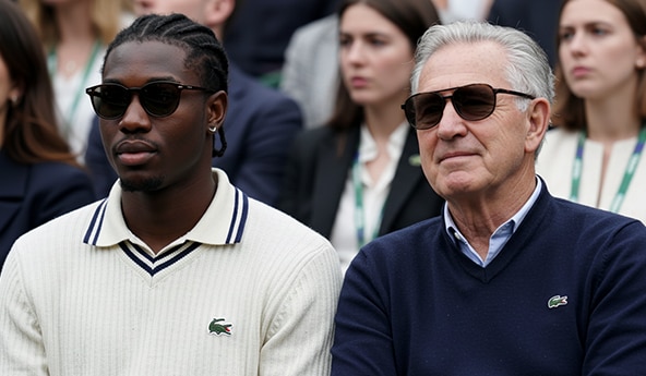 Imagem de dois homem clientes Personnalité sentados usando Lacoste.