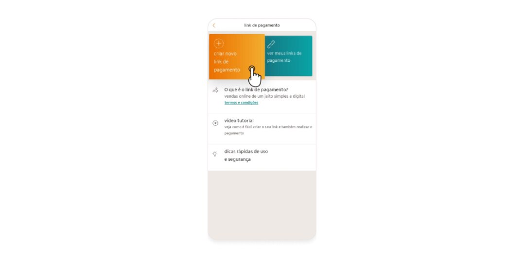 Imagem da tela do app Rede. O mouse está posicionado em cima de uma caixa que fala "criar novo link de pagamento".