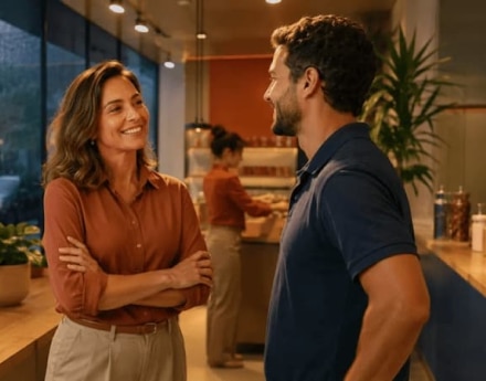 Mulher empresária conversando com seu cliente, em seu estabelecimento