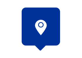 Ícone de pin de localização em branco com fundo azul.