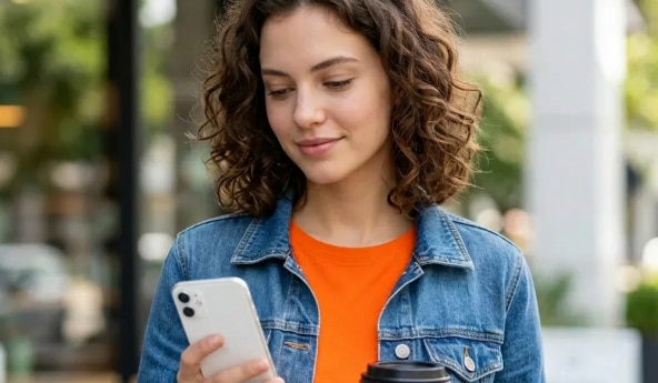 Mulher consulta celular em ambiente urbano ao ar livre.