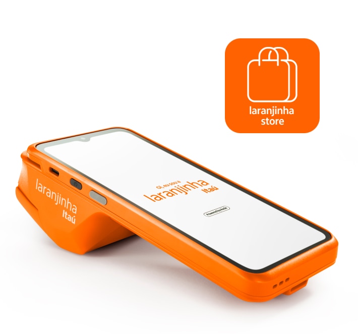 Imagem da Laranjinha e uma ilustração de uma sacola com fundo laranja e a frase "Laranjinha Store"
