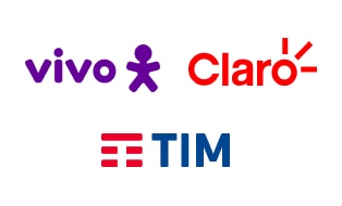 Logos das operadoras de celulares aceitas: Vivo, Claro e Tim.