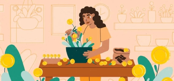 desenho de uma mulher cultivando uma árvore de dinheiro