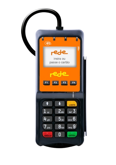 Imagem da maquininha Pin Pad Rede. A maquininha tem uma tela, teclado numéricos físico, tecnologia de inserir ou passar o cartão e fio. Ao redor da tela, ela tem um fundo com cor laranja e os botões "Entra" "Cancela" e "Limpa" são coloridos.