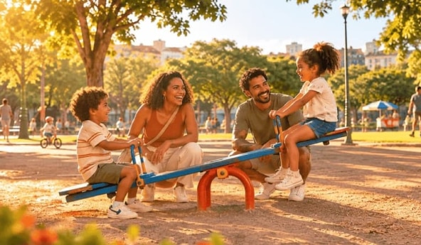 Família no parque, com os pais ao lado dos filhos na gangorra