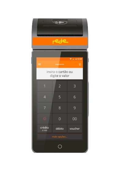Imagem da maquininha Rede Smart. Ela tem um impressor de bobina entre a parte superior e traseira, uma tela digital touch e insere e faz pagamento por aproximação com o cartão. A tela e o teclado de numérico ficam juntos em um mesmo visor touch screen. Ela não tem fio.