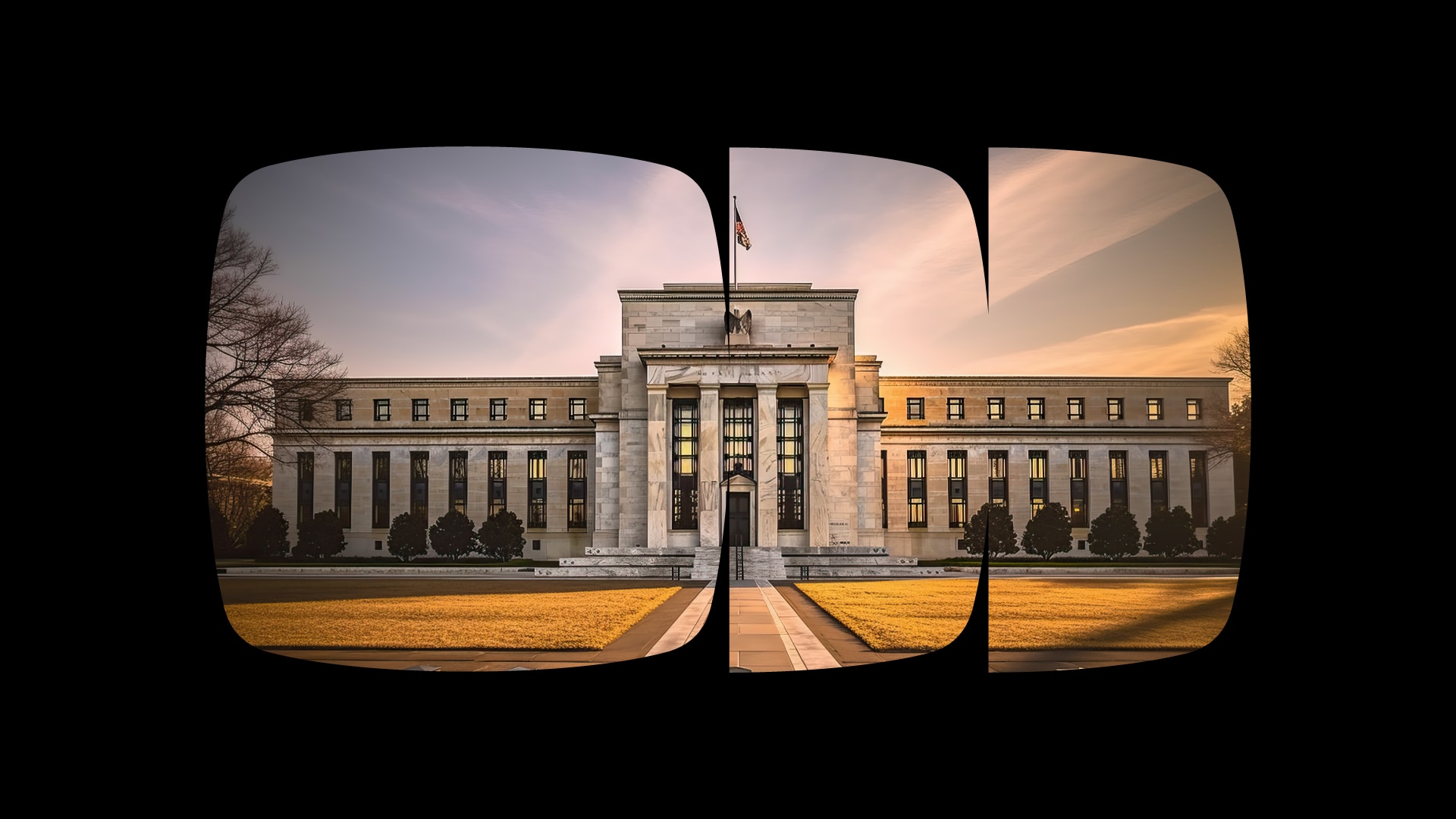 Imagem da fachada do prédio do Federal Reserve inserida em recortes do logo do Itaú rodeados por um fundo preto.
