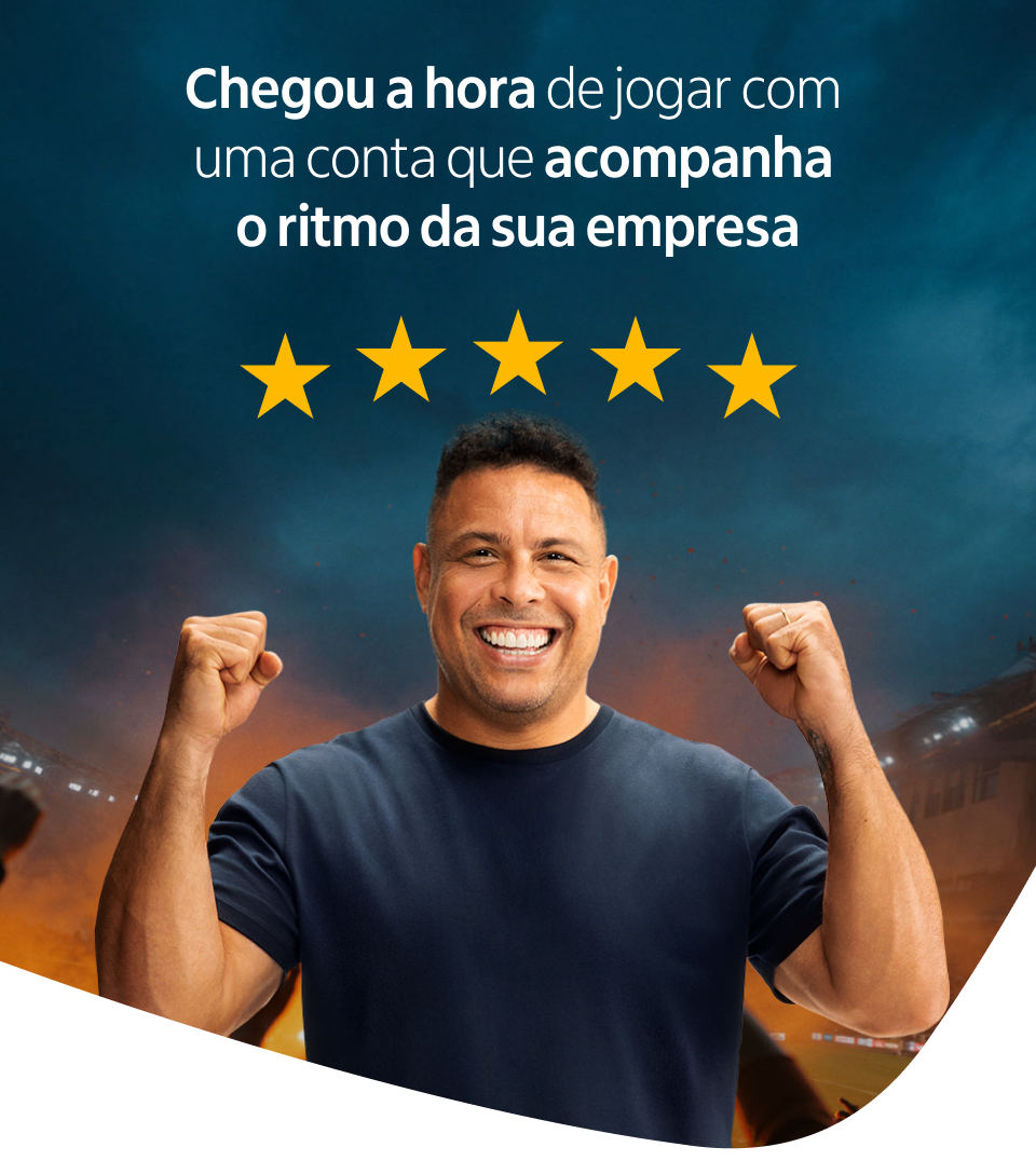 Header com imagem do Ronaldo e textos escritos abaixo da imagem dele: Chegou a hora de jogar com uma conta que acompanha o ritmo da sua empresa.