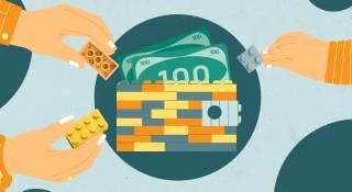 ilustração de mão montando um lego, com notas de dinheiro ao fundo