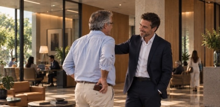 Dois homens conversando em um hall da agência Itaú Personnalité