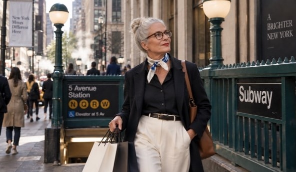 Cliente Itaú com suas sacolas de compras na saída do metrô de NY