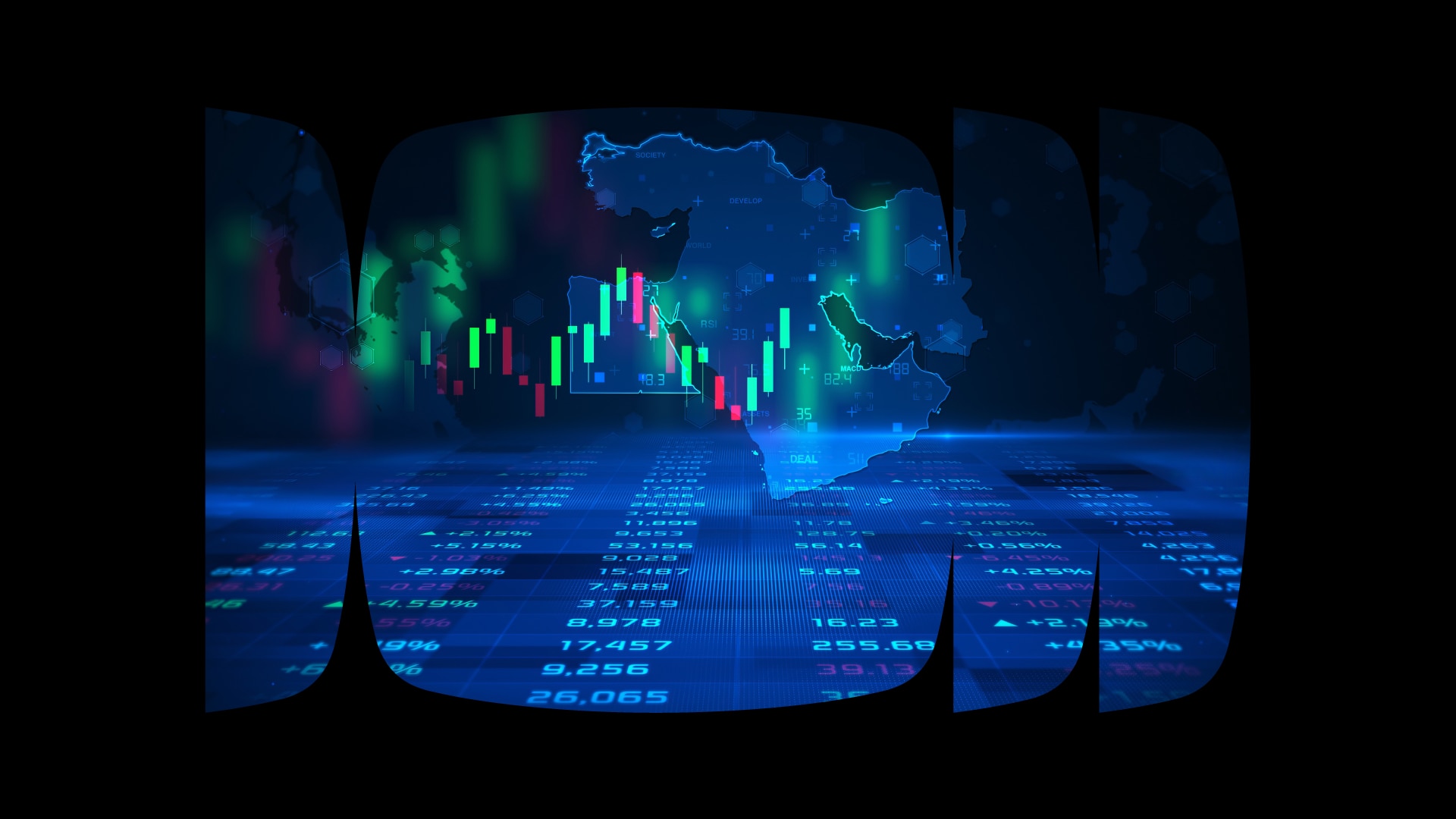 Gráfico de velas sobreposto a uma mapa virtual do Oriente Médio em tons de azul dentro de recortes da bolacha do ícone do Itaú
