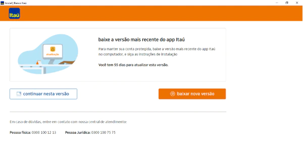 atualizar o aplicativo Itaú no computador primeira tela