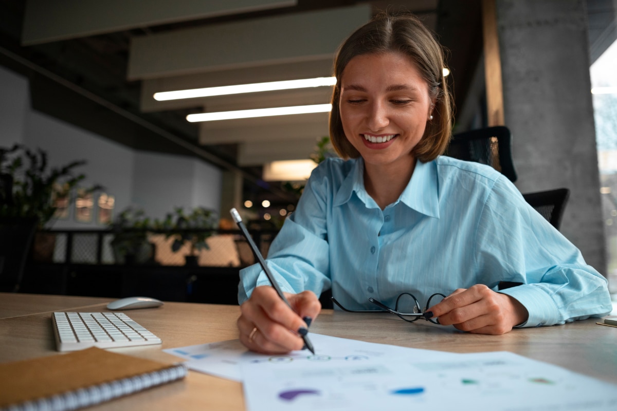 Pessoa sentada em uma mesa de escritório analisando documentos com gráficos e anotações, enquanto escreve em uma folha. Ao lado, há um teclado, um caderno e um par de óculos sobre a mesa, em um ambiente corporativo