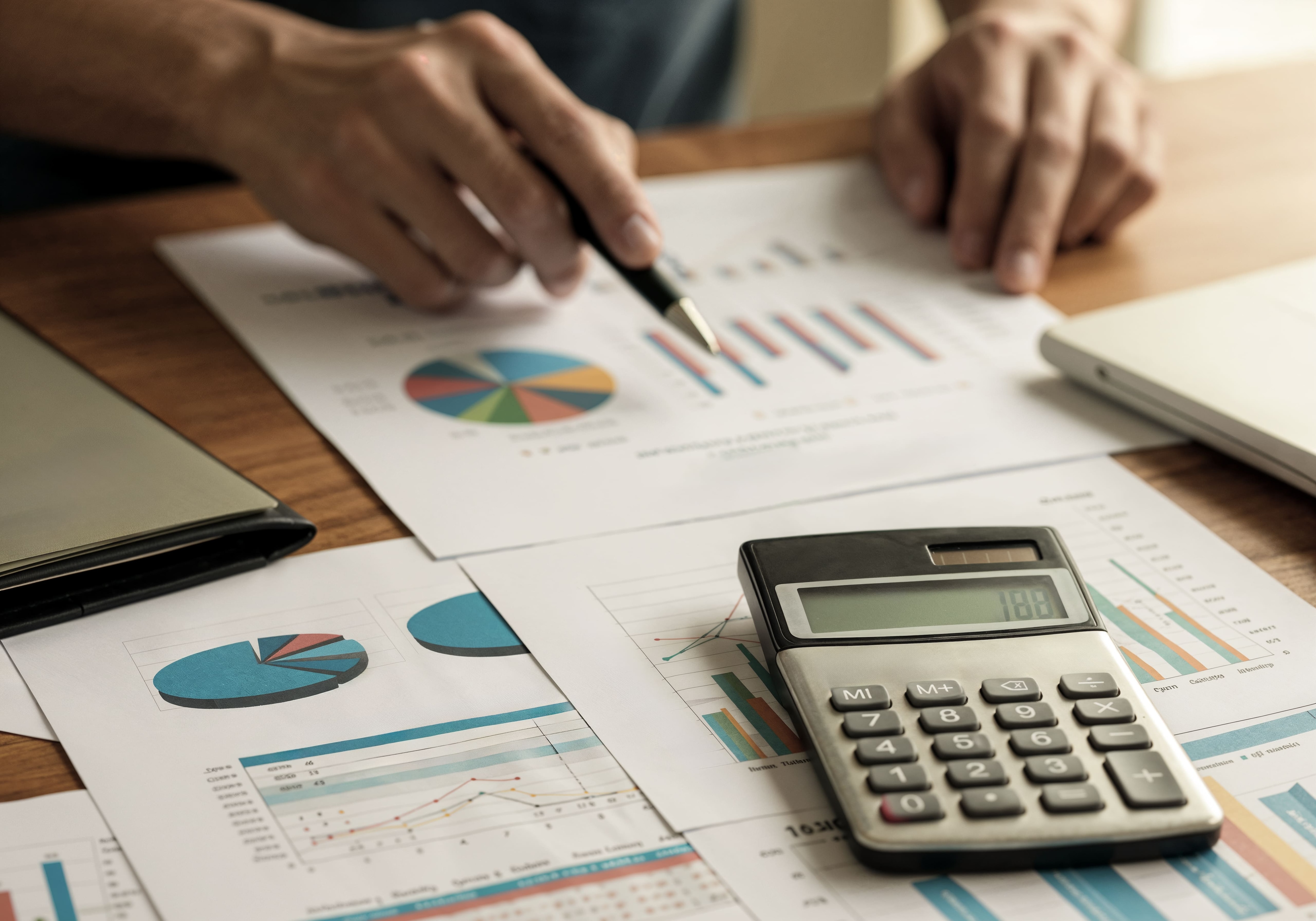 Imagem de uma mão segurando uma caneta, apontando para diversos papéis com diferentes gráficos