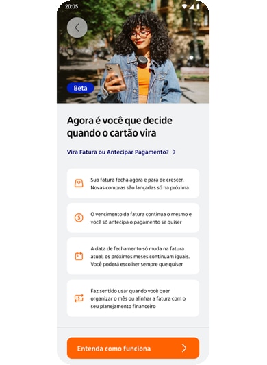 Tela do App Itaú acessando o Vira Fatura Texto sobre escolher a data de vencimento do cartão. Botão Quero saber mais.