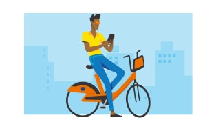 Ilustração de um homem em uma bike Itaú mexendo no celular