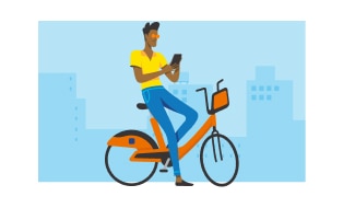 Ilustração de um homem em uma bike Itaú mexendo no celular 