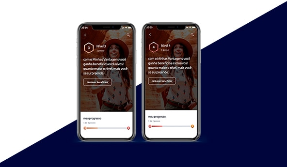 Telas do app Itaú Personnalité mostrando o nível 2 e 3 do programa Minhas Vantagens.