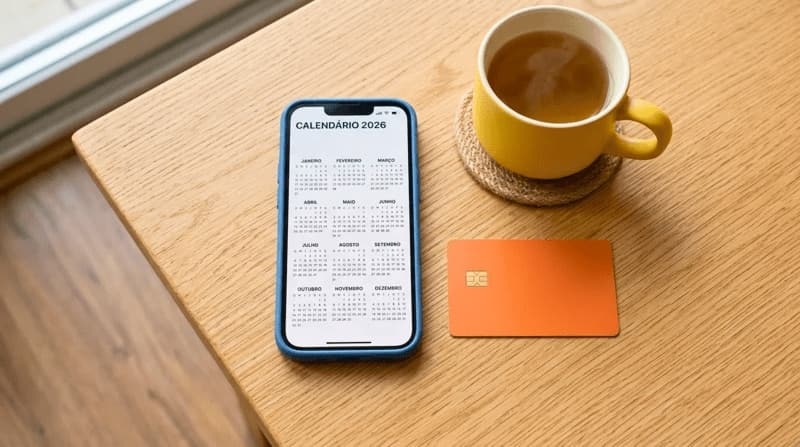 Calendário aberto no celular, um café ao lado e um cartão laranja