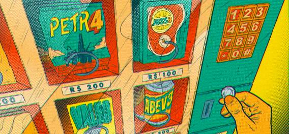 ilustração de vending machine com produtos com o o nome das siglas