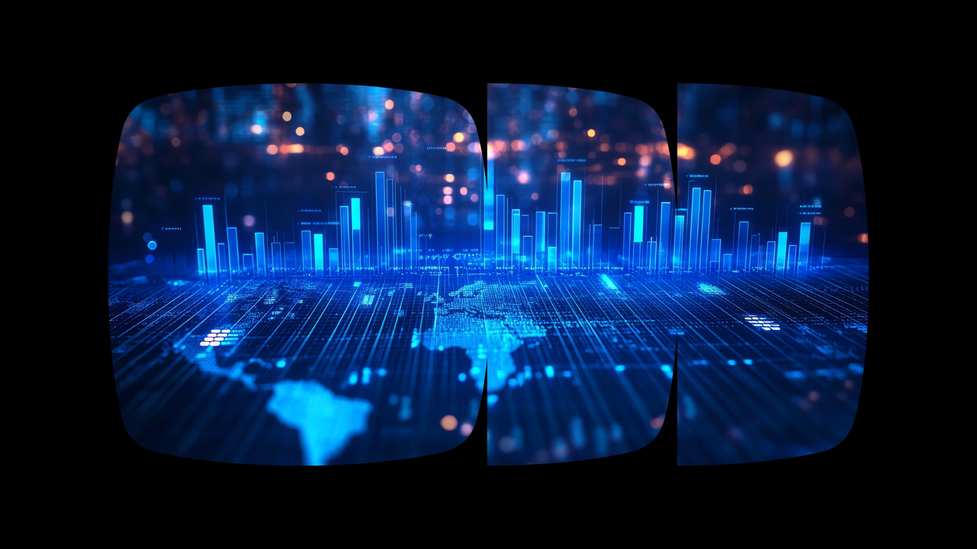 Imagem: projeção virtual de um gráfico de barras sobre um mapa mundi, tudo em tons de azul, dentro de recortes do logo do Itaú