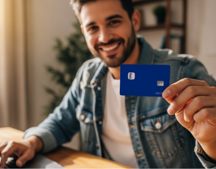 Homem sorrindo segurando cartão Itaú Uniclass