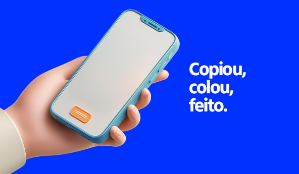 Ilustração de uma mão segurando o celular, escrito "Pagou, parcelou, feito".