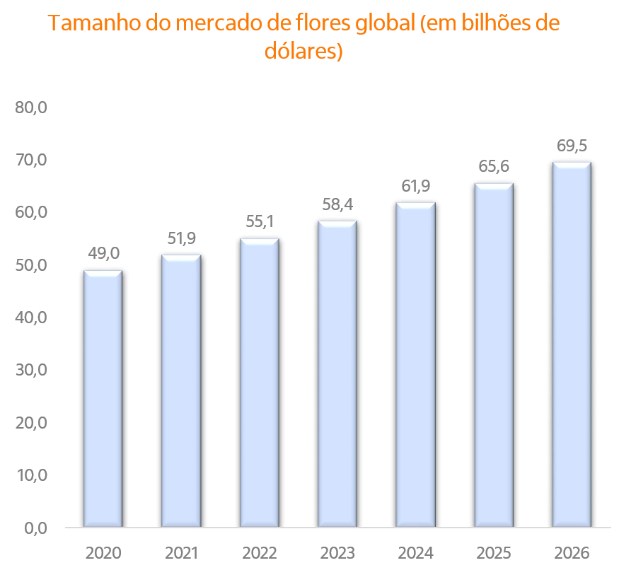 Gráficos de barras com a evolução histórica do mercado de flores.