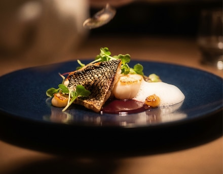 Prato de peixe com vegetais, molho e espuma em prato azul.