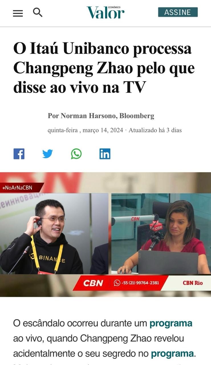 Imagem ilustrativa do artigo #ÉFalso | Itaú processa Changpeng Zhao por falas ao vivo na TV